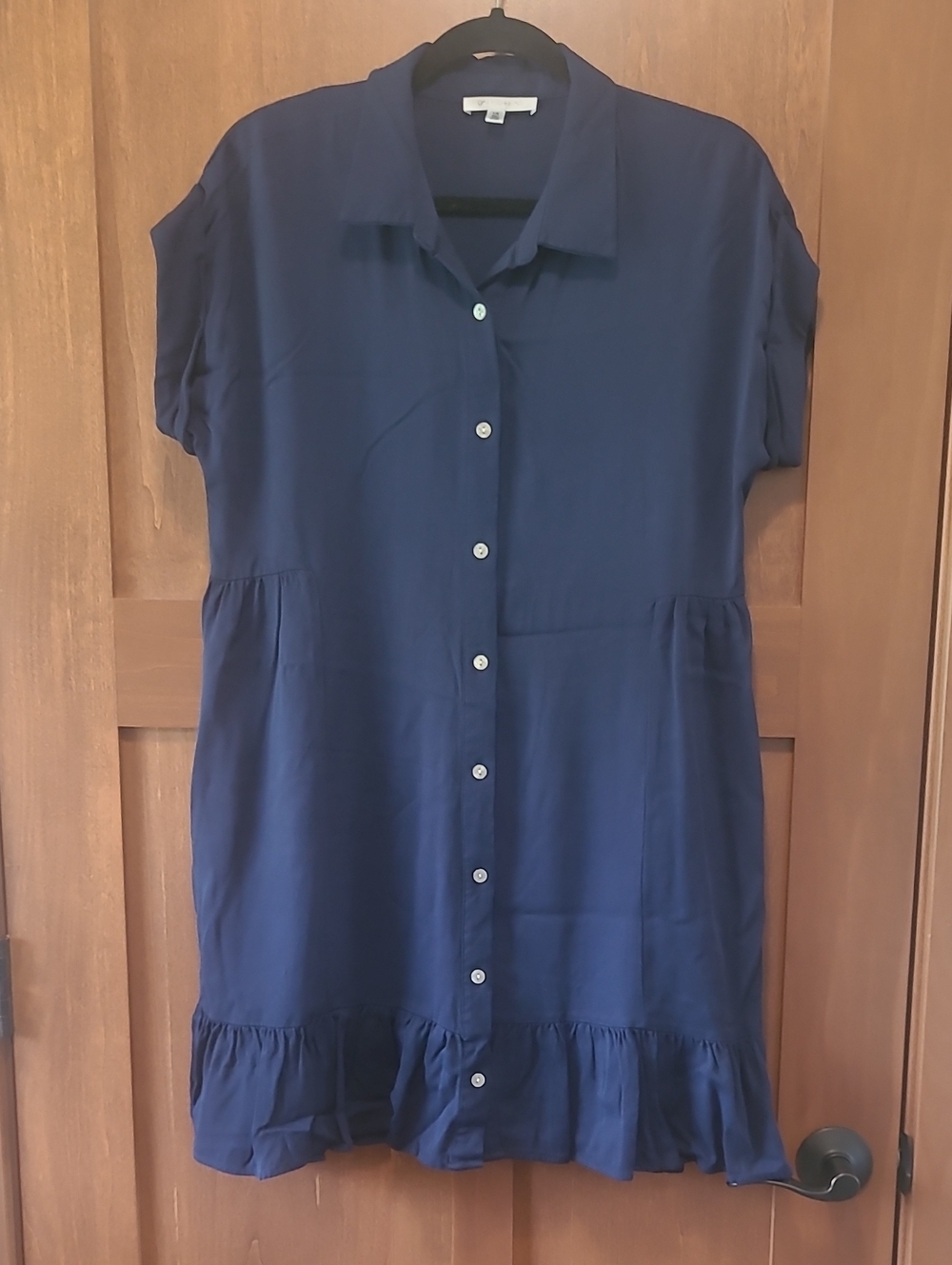 Navy Button-Front Collared Mini Dress with Ruffle Hem